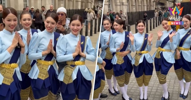 สะกดสายตา! ลูกเรือ Bangkok Airways สวมชุดไทยอวดโฉมกลางลอนดอน
