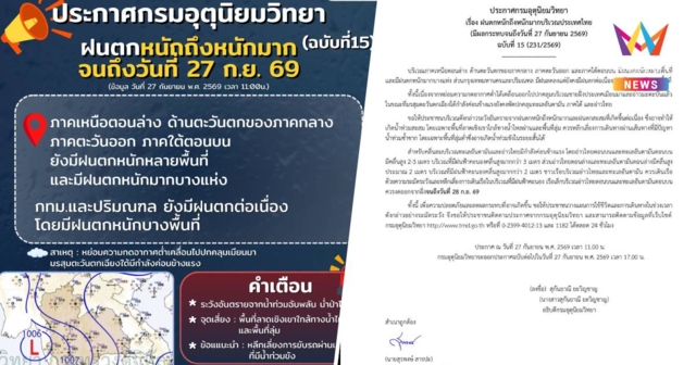 อุตุฯเตือนฉบับ15 ฝนตกหนักมาก16จ. เสี่ยงน้ำท่วม เรือเล็กงดฝั่งถึง28ก.ย.