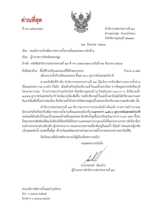 กรมชลฯ แจ้งเตือน 5 จังหวัดท้ายเขื่อนแม่กลอง เฝ้าระวังมวลน้ำเพิ่ม