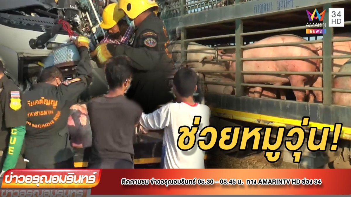 หวิดย่างสด! รถขนหมูปะทะรถบรรทุกน้ำมัน