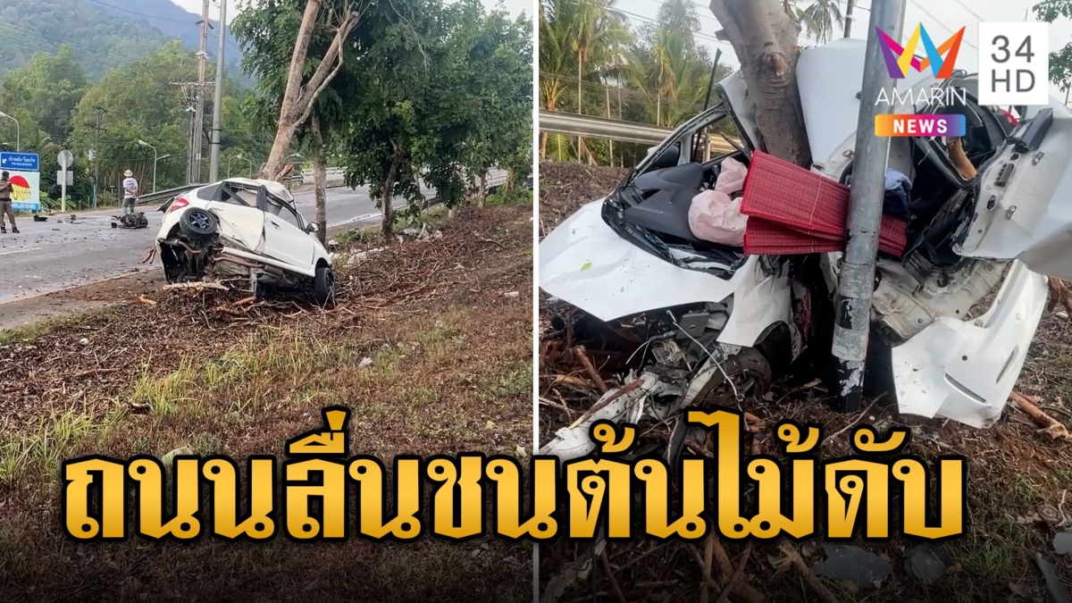 ฝนตกถนนลื่น เก๋งเสียหลักชนต้นไม้ดับคาที่
