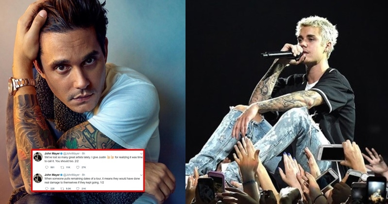'จอห์น เมเยอร์' ทวีตข้อความนุ่มหู ซับพอร์ต 'จัสติน บีเบอร์' ฝ่าดราม่ายกเลิกทัวร์คอนเสิร์ต