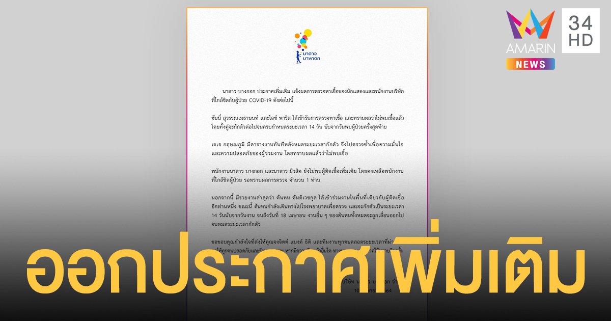 นาดาว บางกอก ประกาศเพิ่มเติม แจ้งผลการตรวจหาเชื้อของนักแสดงและพนักงานบริษัท ที่ใกล้ชิดกับผู้ป่วยโควิด-19