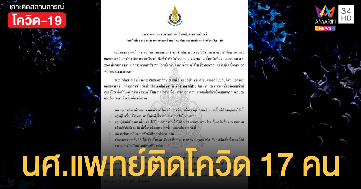 นศ.แพทย์ ปี 6 มหาวิทยาลัยสงขลานครินทร์ ติดโควิด 17 คน