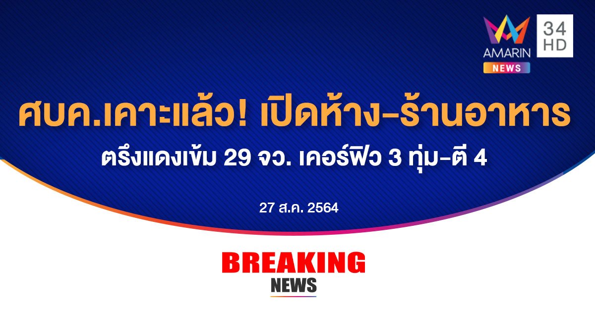 ศบค.ปลดล็อก เปิดห้าง-ร้านอาหาร ตรึงแดงเข้ม 29 จังหวัด ยังคงเคอร์ฟิว เริ่ม 1 ก.ย.นี้