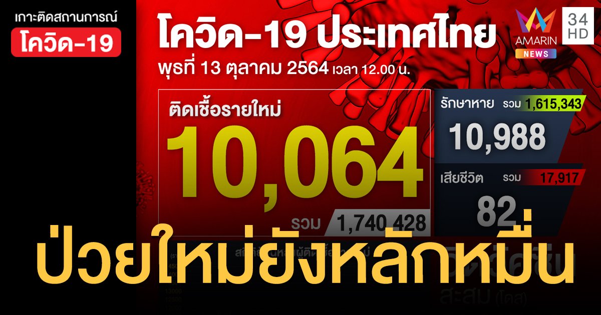 13 ต.ค. 64 โควิด ป่วยใหม่เพิ่ม 10,064 ราย รวมสะสม 1,740,428 ราย เสียชีวิต 82 ราย