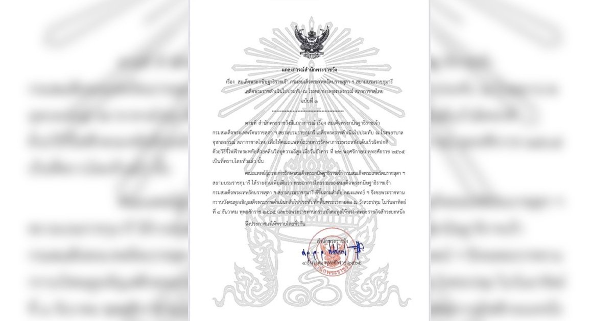 แถลงการณ์สำนักพระราชวัง กรมสมเด็จพระเทพฯ พระอาการดีขึ้นตามลำดับ