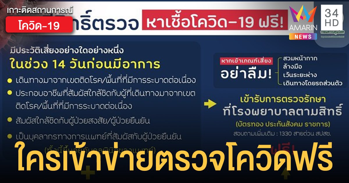 กรมควบคุมโรคแจง ใครมีอาการเหล่านี้...มีสิทธิ์ตรวจโควิด-19 ฟรี!