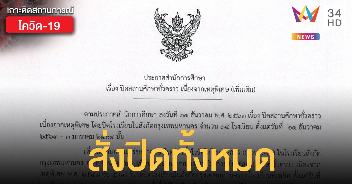 ปิดทุกโรงเรียนสังกัด กทม. เลี่ยงโควิดระบาด เล็งสอนชดเชยภายหลัง