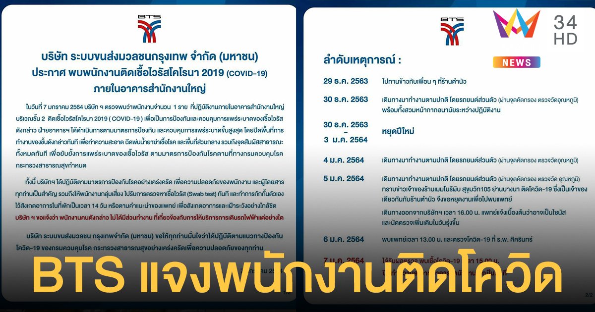 "บีทีเอส" พบพนักงาน สนง.ใหญ่ ติดโควิด 1 ราย ยันไม่เกี่ยวบริการเดินรถไฟฟ้า