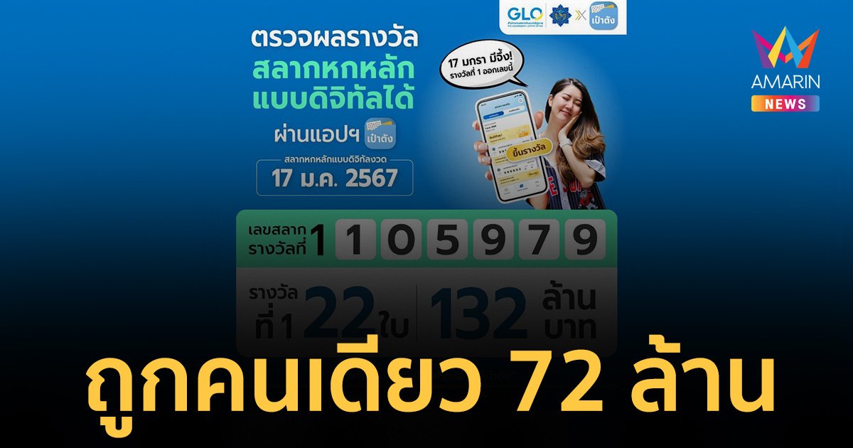 เศรษฐีใหม่มาแล้ว! ถูก รางวัลที่ 1 สลากดิจิทัล 12 ใบ รับ 72 ล้าน
