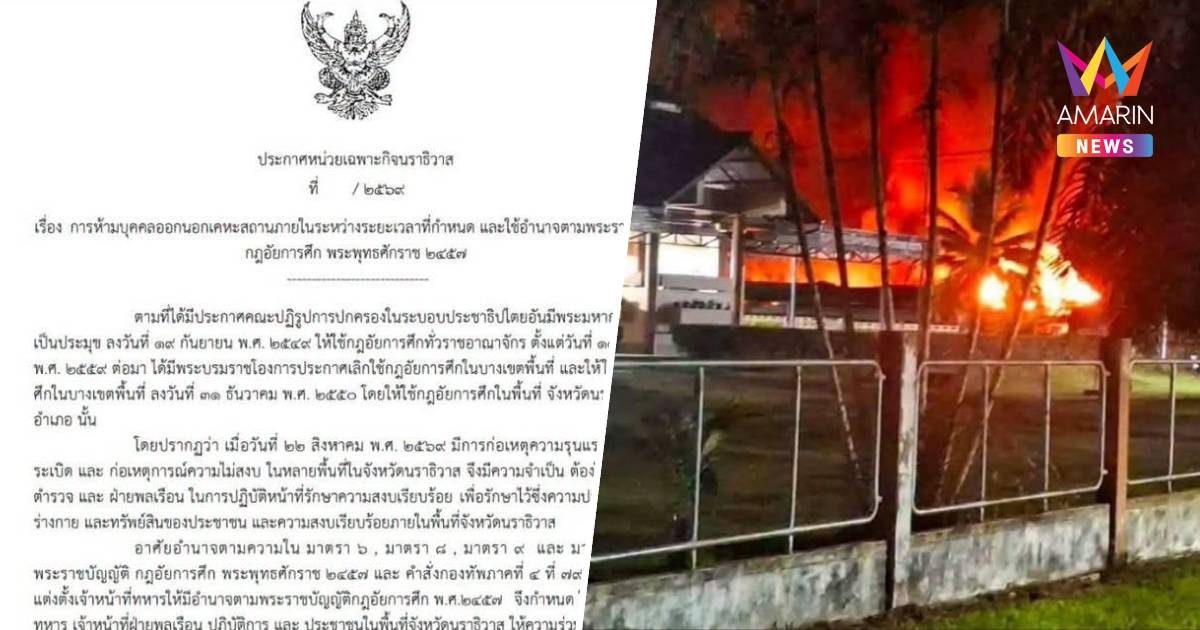 ด่วน! นราธิวาสประกาศเคอร์ฟิวทั้งจังหวัด 22.15 - 06.00 น.