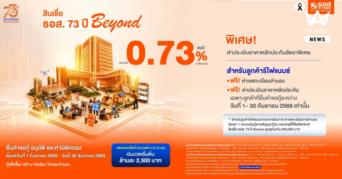 ธอส. จัดโปรสินเชื่อ 73 ปี Beyond ฉลองครบรอบเดือนเกิด อัตราดอกเบี้ยต่ำเพียง 0.73% ต่อปี ฟรีค่าธรรมเนียม ช่วยคนไทยมีบ้านแบบ Worry Free!