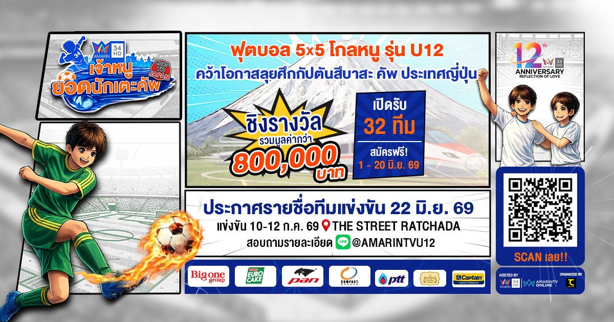 อมรินทร์ทีวี ฉลองครบรอบ 12 ปี จัดแข่งฟุตบอลรุ่น U12 “เจ้าหนูยอดนักเตะคัพ - Road to Japan” สานฝันเยาวชนไทย ลุยศึกกัปตันสึบาสะ คัพ
