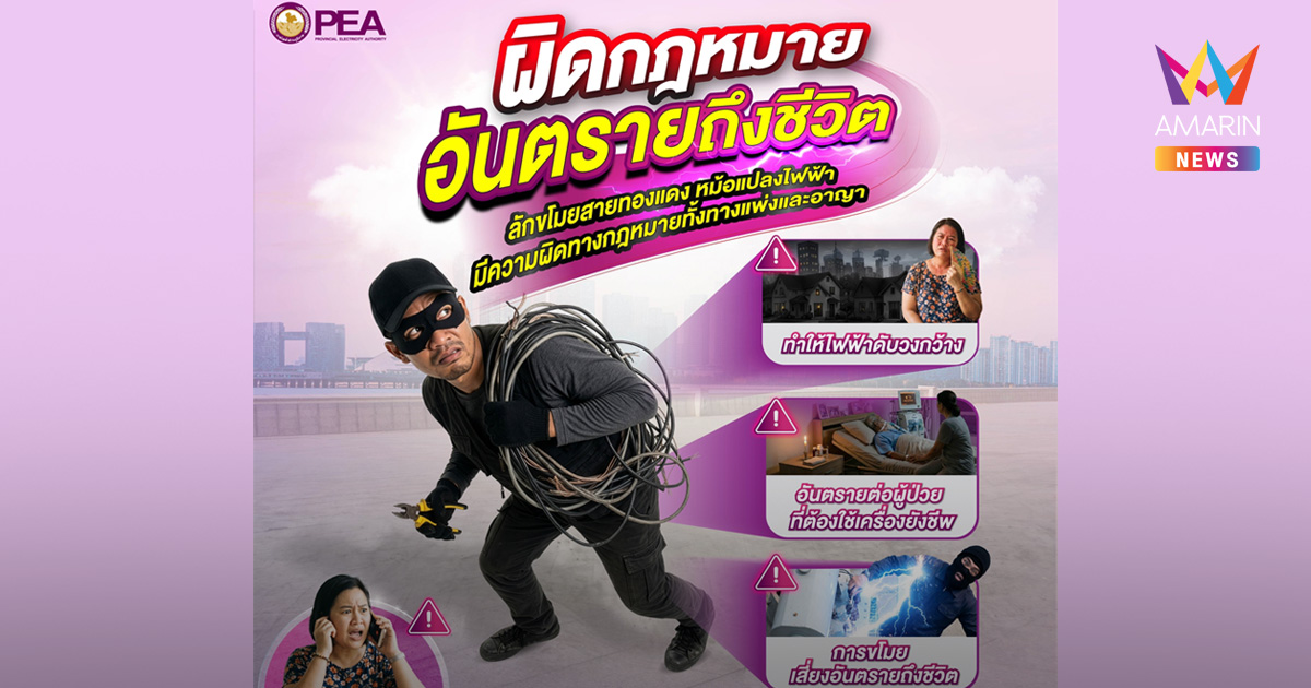ขโมยสายไฟ ไม่ใช่แค่ผิดกฎหมาย แต่อาจพรากชีวิตผู้อื่น การไฟฟ้าส่วนภูมิภาค (PEA) ขอความร่วมมือประชาชนร่วมเฝ้าระวังและไม่สนับสนุนการลักลอบขโมยสายไฟฟ้า สายทองแดง