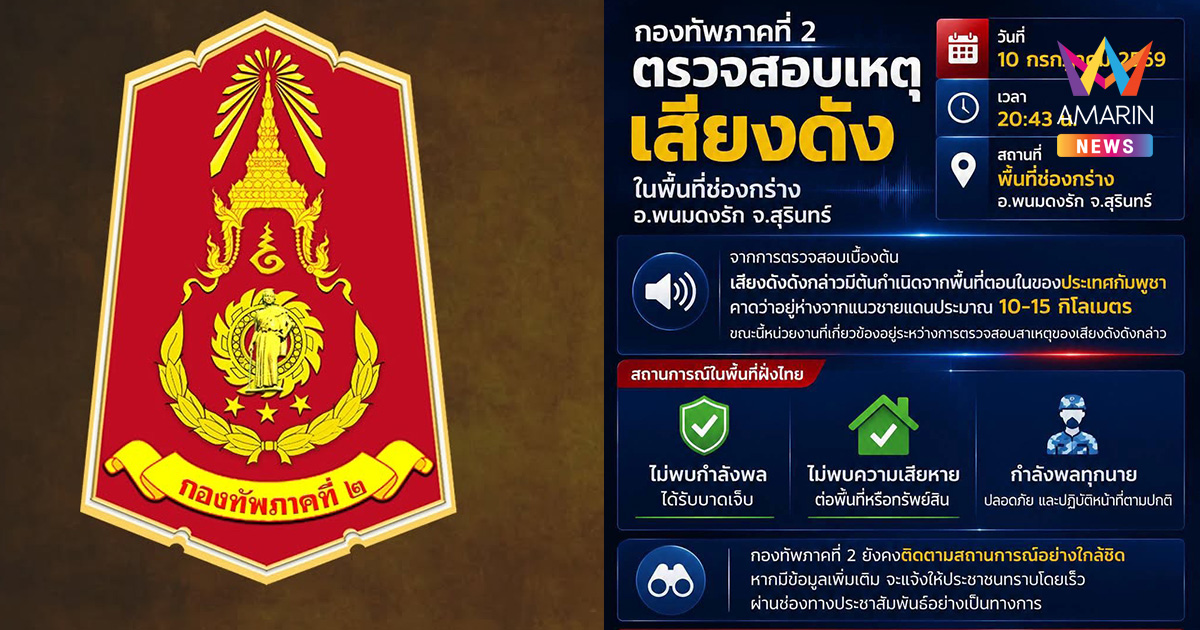 ด่วน! ทภ.2 แจงเสียงระเบิดสนั่นชายแดนสุรินทร์ ต้นตอเขมร ไทยไม่มีเสียหาย