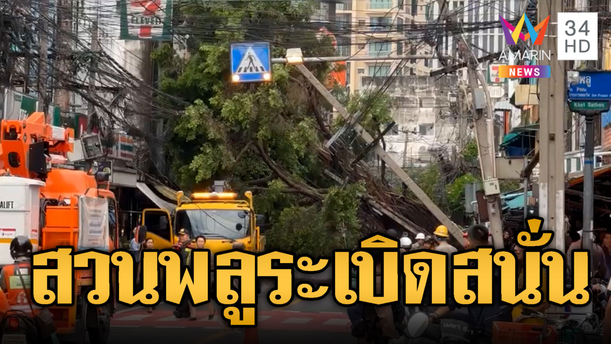 ฝนตกห่าใหญ่สวนพลู ต้นไทรยักษ์พาดเสาไฟฟ้าระเบิดสนั่น