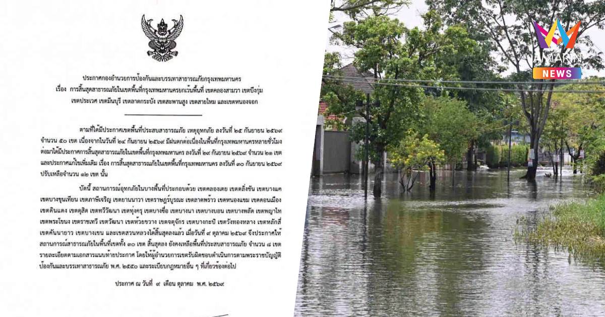 เหลือ 8 เขต! กทม. ประกาศให้สถานการณ์อุทกภัย สิ้นสุดลงแล้วอีก 30 เขต