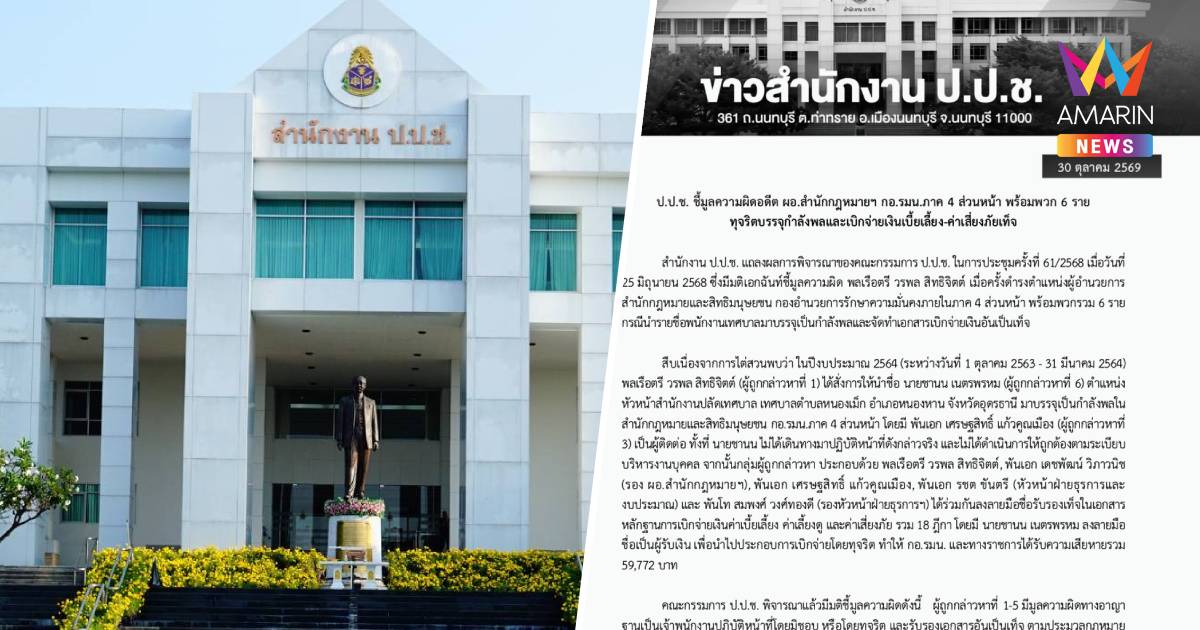 ป.ป.ช. เปิดผลชี้มูลอดีตผอ.สำนักกฎหมายฯ กอ.รมน.ภาค4สน.ทุจริตเบี้ยเลี้ยง