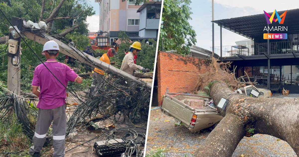 พายุฤดูร้อนถล่มขอนแก่น ฝนตกหนักน้ำท่วมถนน ลมพัดต้นไม้อายุกว่า100ปีโค่น