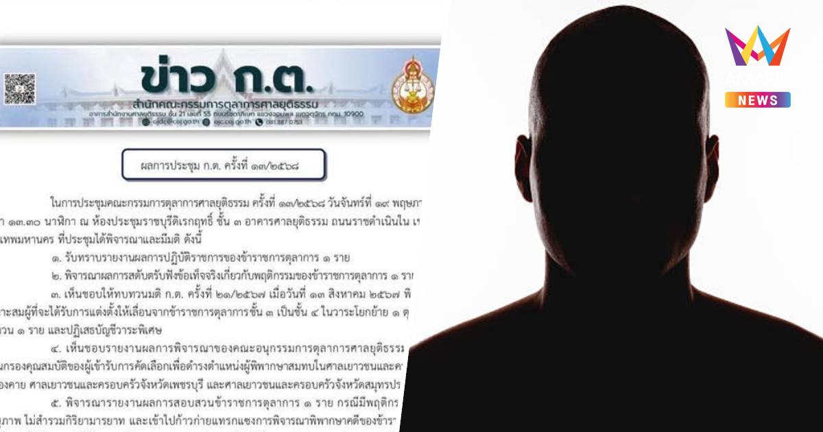 ก.ต.แถลงการณ์ ลงโทษ 3 ผู้พิพากษา ให้ออกจากราชการ 2 ราย ไล่ออก 1 ราย