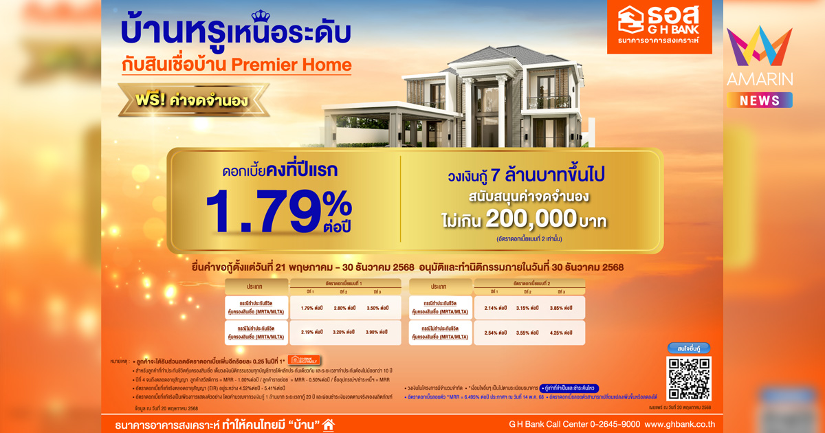 ธอส. พร้อมดำเนินการตามนโยบายกระทรวงการคลัง จัดทำสินเชื่อบ้าน Premier Home หนุนกลุ่มลูกค้าที่มีกำลังซื้อที่อยู่อาศั