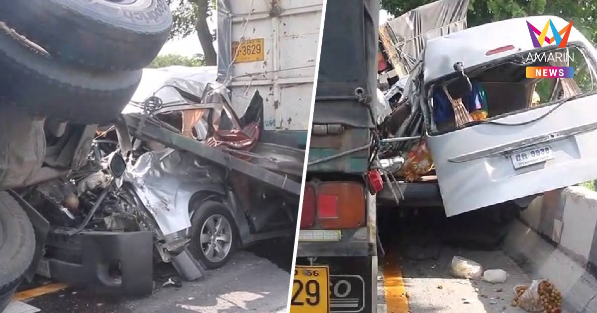 ด่วน!รถตู้แสวงบุญ ถูกรถพ่วงแหนบล้อหน้าหักเสียหลักเบียดทับ เจ็บหลายราย