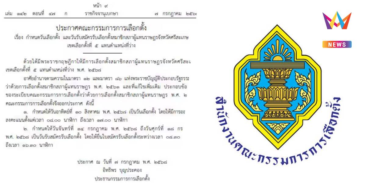 ประกาศวันเลือกตั้งซ่อม สส.ศรีสะเกษ เขต 5 วันที่ 10 ส.ค.68