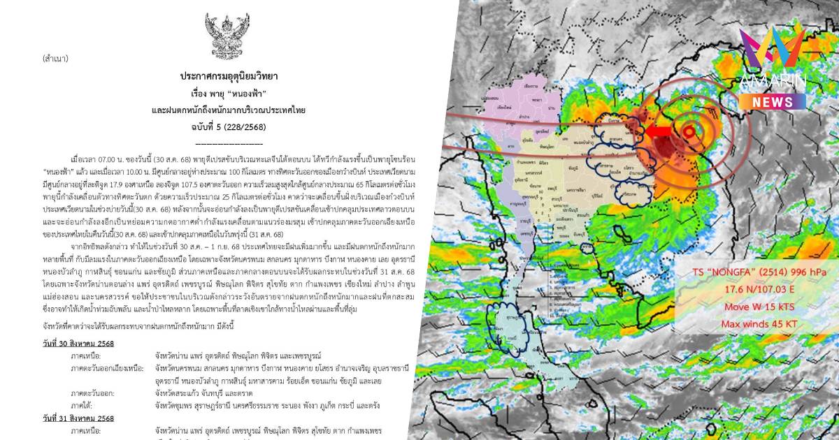 อัปเดตเส้นทาง "พายุหนองฟ้า" เตือน ฉบับที่ 5 ฝนตกหนักหลายจังหวัด