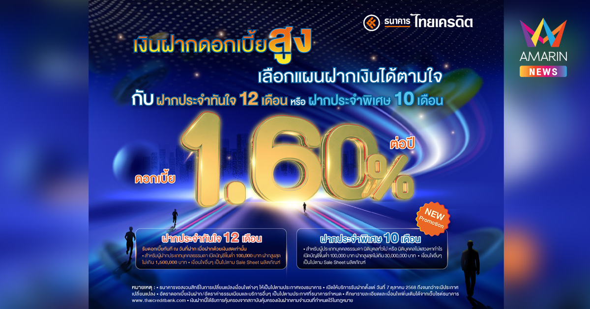 โปรโมชัน! พิเศษ รับดอกเบี้ยสูงทันทีกับ “ฝากประจำทันใจ” ธนาคารไทยเครดิต ยิ่งฝากมาก ยิ่งรับมาก