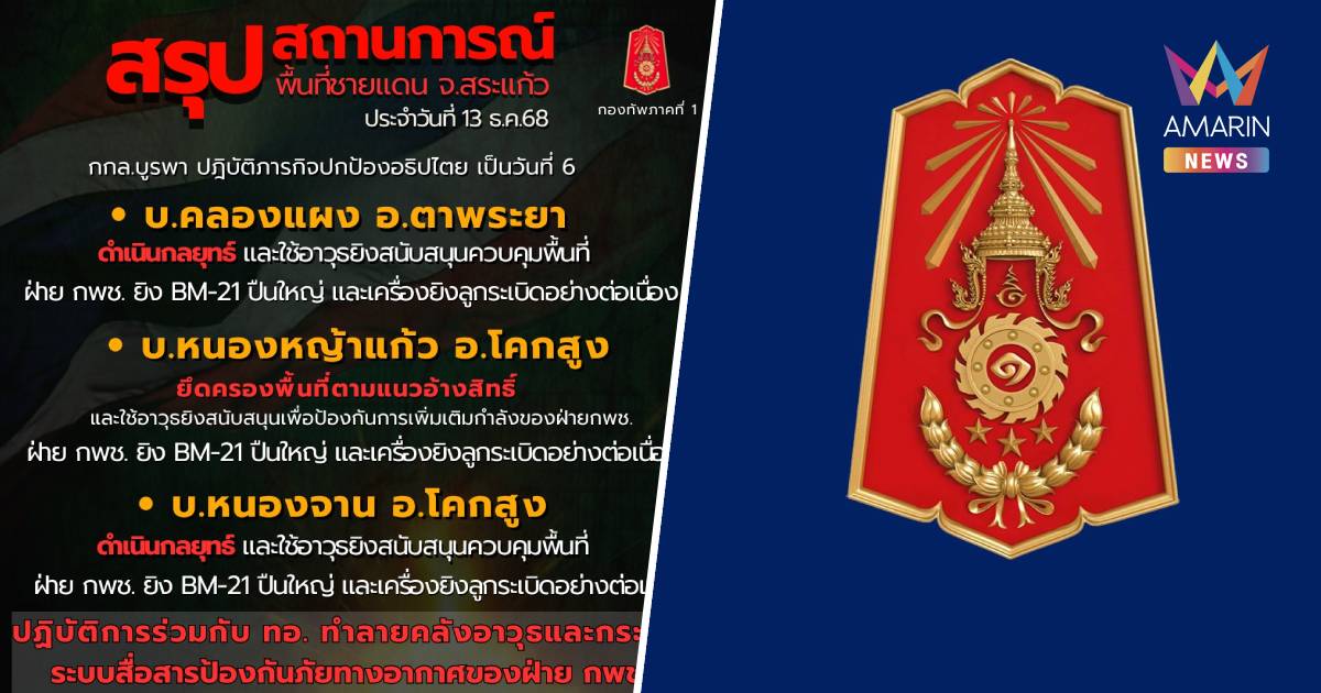 กองทัพภาคที่ 1 รายงาน สถานการณ์ชายแดนไทย-กัมพูชา จ.สระแก้ว 3 จุด