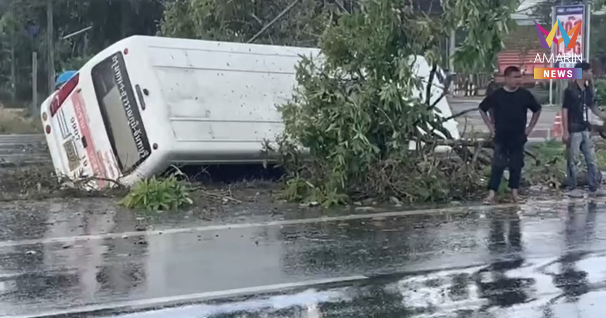 ฝนตกถนนลื่น รถทัวร์มินิบัส ชนต้นไม้ ตกร่องกลางถนน เจ็บ 14 ราย