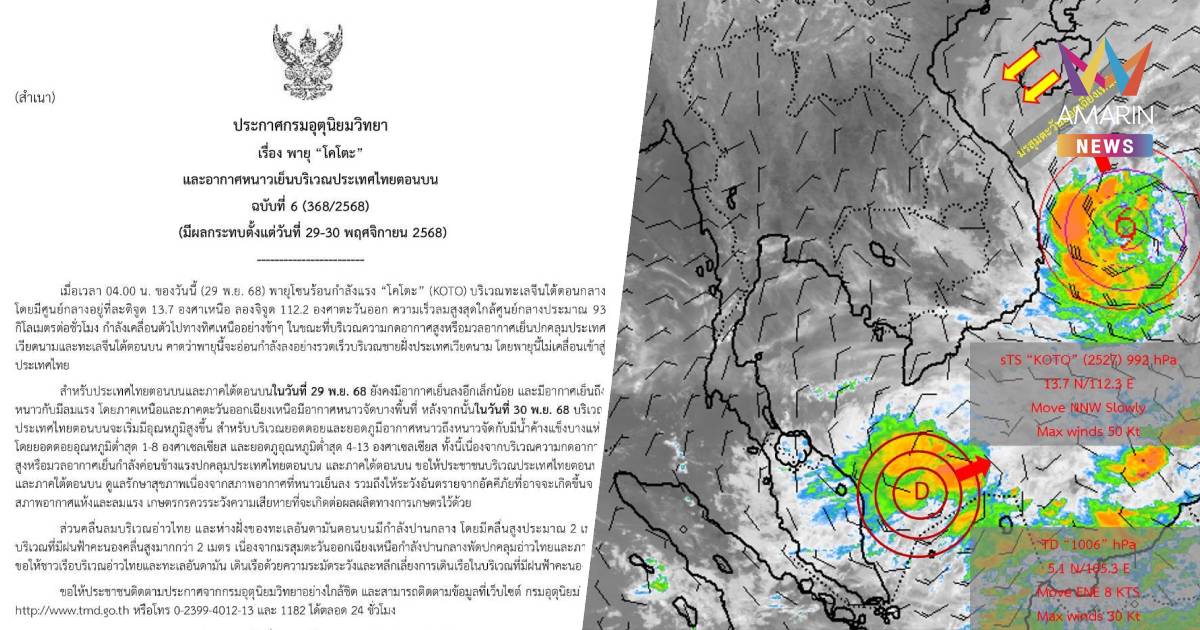 กรมอุตุนิยมวิทยา เตือน พายุ "โคโตะ" และอากาศหนาวเย็น ฉบับที่ 6