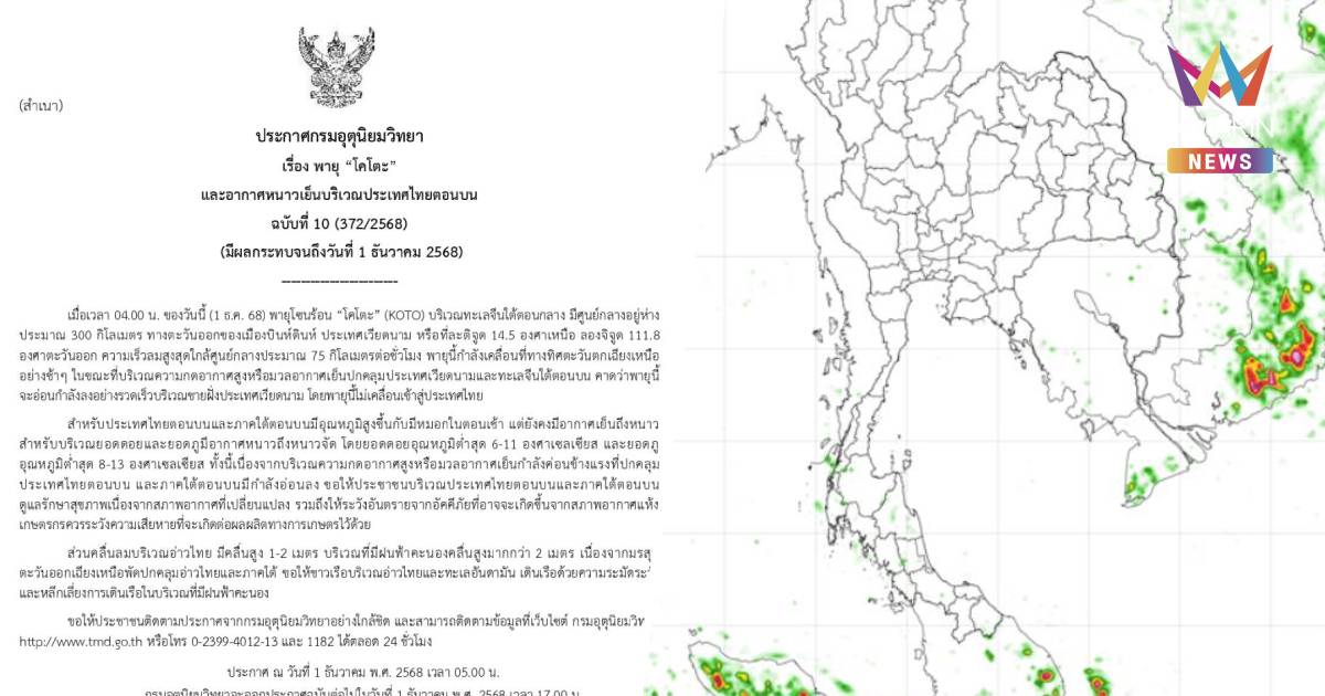 กรมอุตุนิยมวิทยา เตือน พายุโซนร้อน "โคโตะ" และอากาศหนาวเย็น ฉบับที่ 10