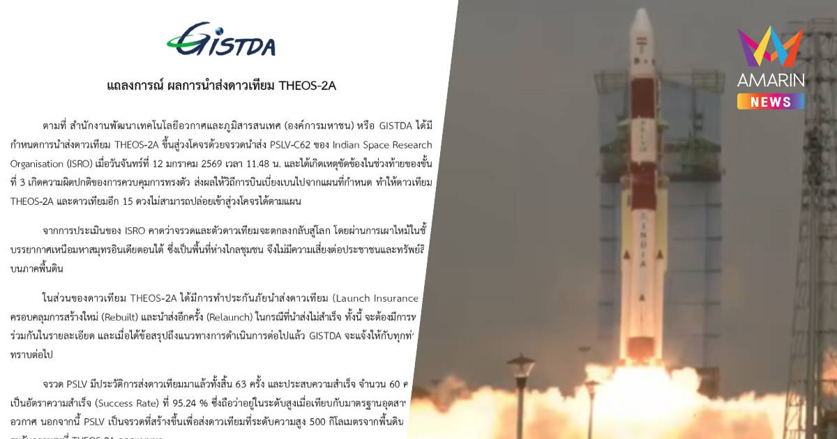 GISTDA ออกแถลงการณ์ ผลการนำส่งดาวเทียม THEOS-2A
