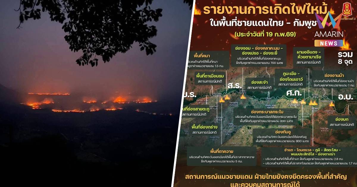 กองทัพภาคที่ 2 สรุปสถานการณ์ไฟป่าบริเวณแนวชายแดนไทย-กัมพูชา รวม 8 จุด