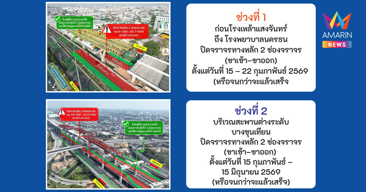 กทพ. ปรับเลื่อนวันเริ่มปิดเบี่ยงจราจรถนนพระราม 2 เป็นวันที่ 15 กุมภาพันธ์ 2569 เพื่อลดผลกระทบต่อประชาชน