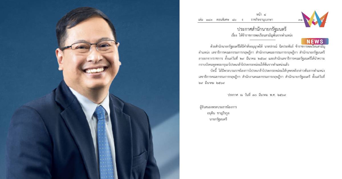 สำนักนายกฯประกาศให้ “ปกรณ์  นิลประพันธ์” พ้นตำแหน่งข้าราชการ
